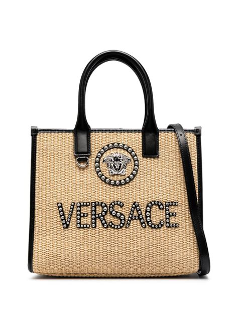 versace collection eggplant patent leather tote|Versace la medusa totes.